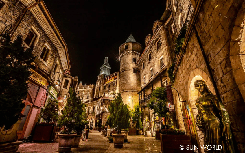European-style architecture village at Ba Na Hills in Da Nang at night