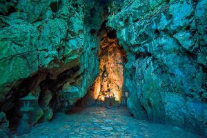 Ancient Buddhist pagodas built into limestone cliffs in Marble Mountains